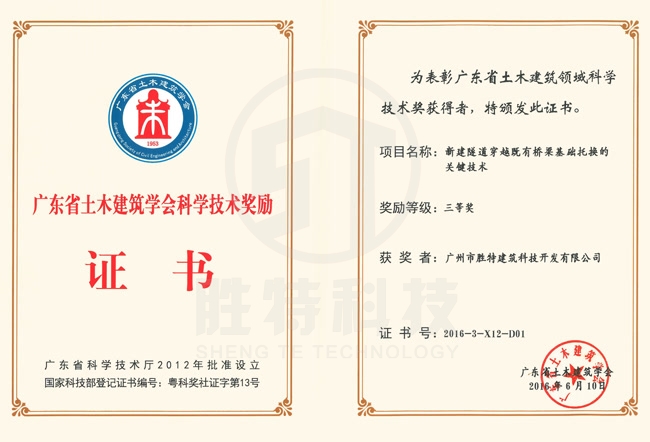 廣東省土木建筑學(xué)會(huì)科學(xué)技術(shù)獎(jiǎng)-新建隧道穿越既有橋梁基礎(chǔ)托換的關(guān)鍵技術(shù)